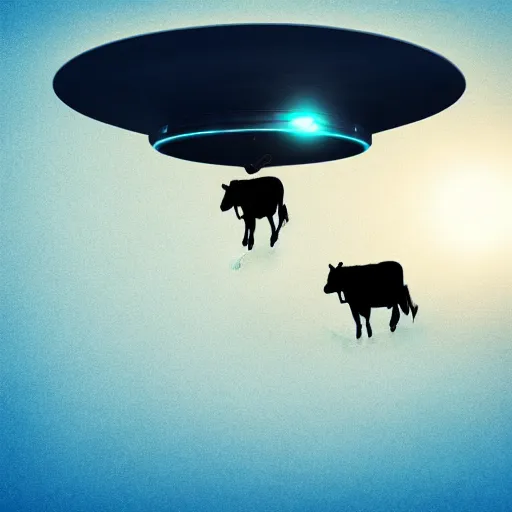 Prompt: A Large UFO Abducting a Cow, 3D Render, Blue Mist, exquisite details