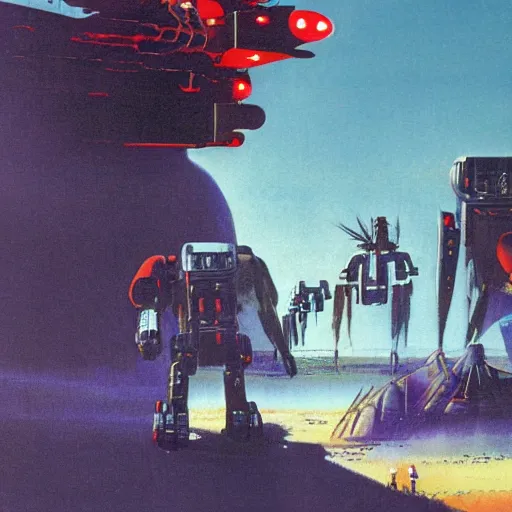 Image similar to giant robot attacks schoolbus, chris foss, john harris, beeple, wayne barlowe