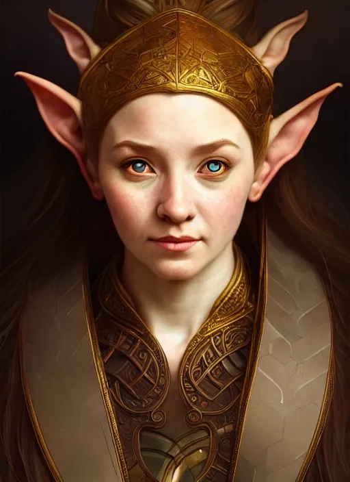 Image similar to portrait of a female dwarf - elf using the golden ratio, highly detailed, digital painting, artstation, sharp focus, illustration, art by tan zi and ayanamikodon and alphonse mucha and wlop