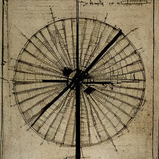 Prompt: old pencil sketch by leonardo da vinci blueprint! of a windmill, very detailed technical sketch, blueprint with annotation, quotes, written dimensions, monochromatic, sepia tones, old paper