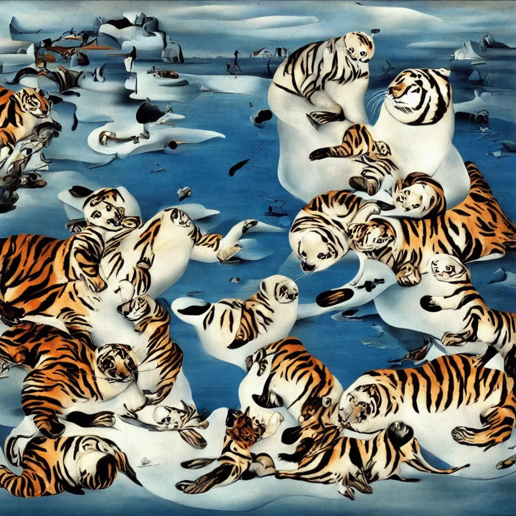 Image similar to baby harp seal and tigers, painting by salvador dali, surrealism