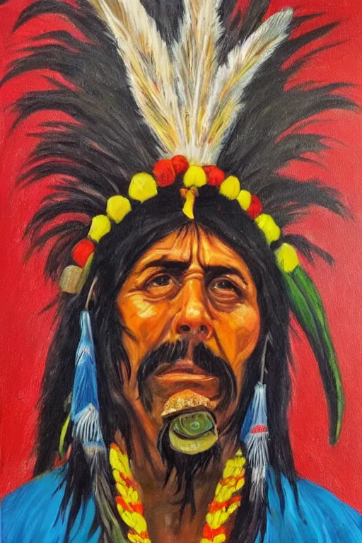 Image similar to Portrait Paintings of a South American Shaman in the style of Luis Tamani