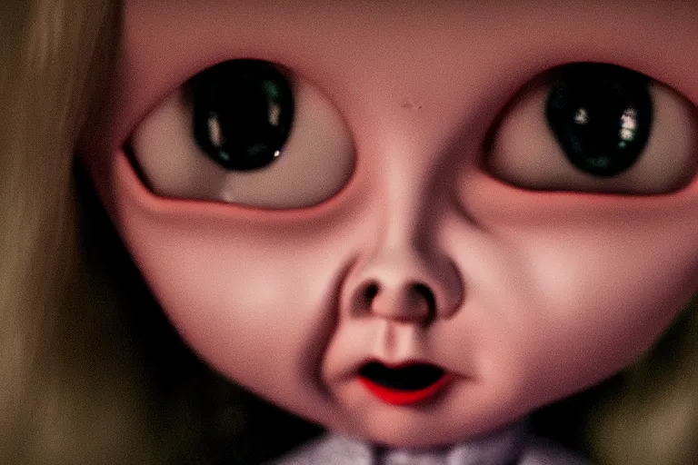 Image similar to a creepy doll with human eyes staring out at the viewer, horror movie 4 k