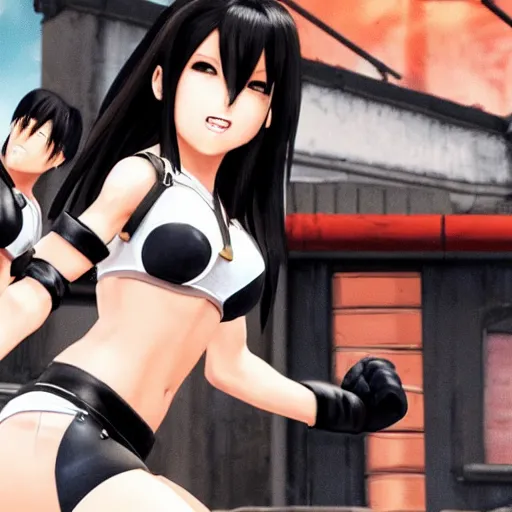 Image similar to tifa fight with a genshin impact charater.