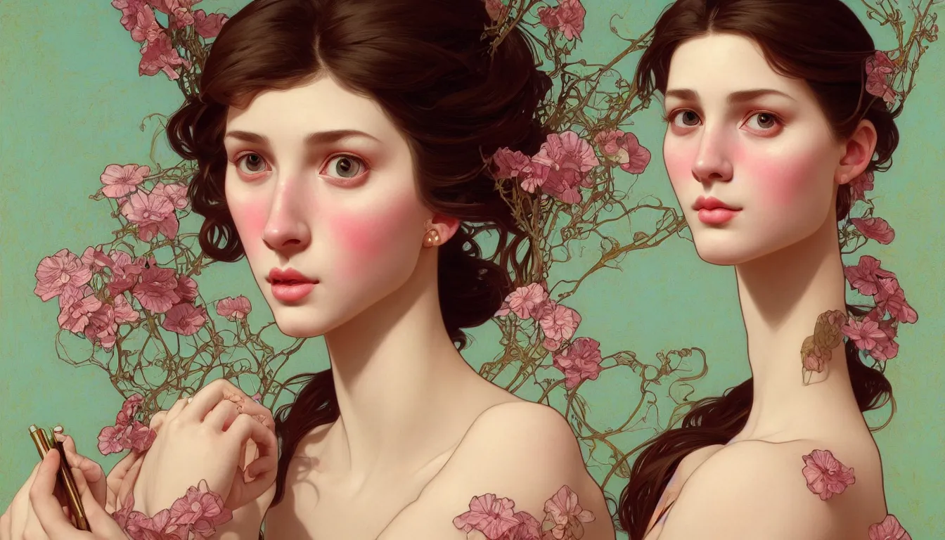 Prompt: excellent painted portrait of pretty girl with upturned nose, high quality masterpiece painted, patterned background by james jean, 4 k, trending on artstation, octane render, art by james jean and artgerm and greg rutkowski and alphonse mucha and craig mullins and james jean and andrei riabovitchev and marc simonetti and peter mohrbacher