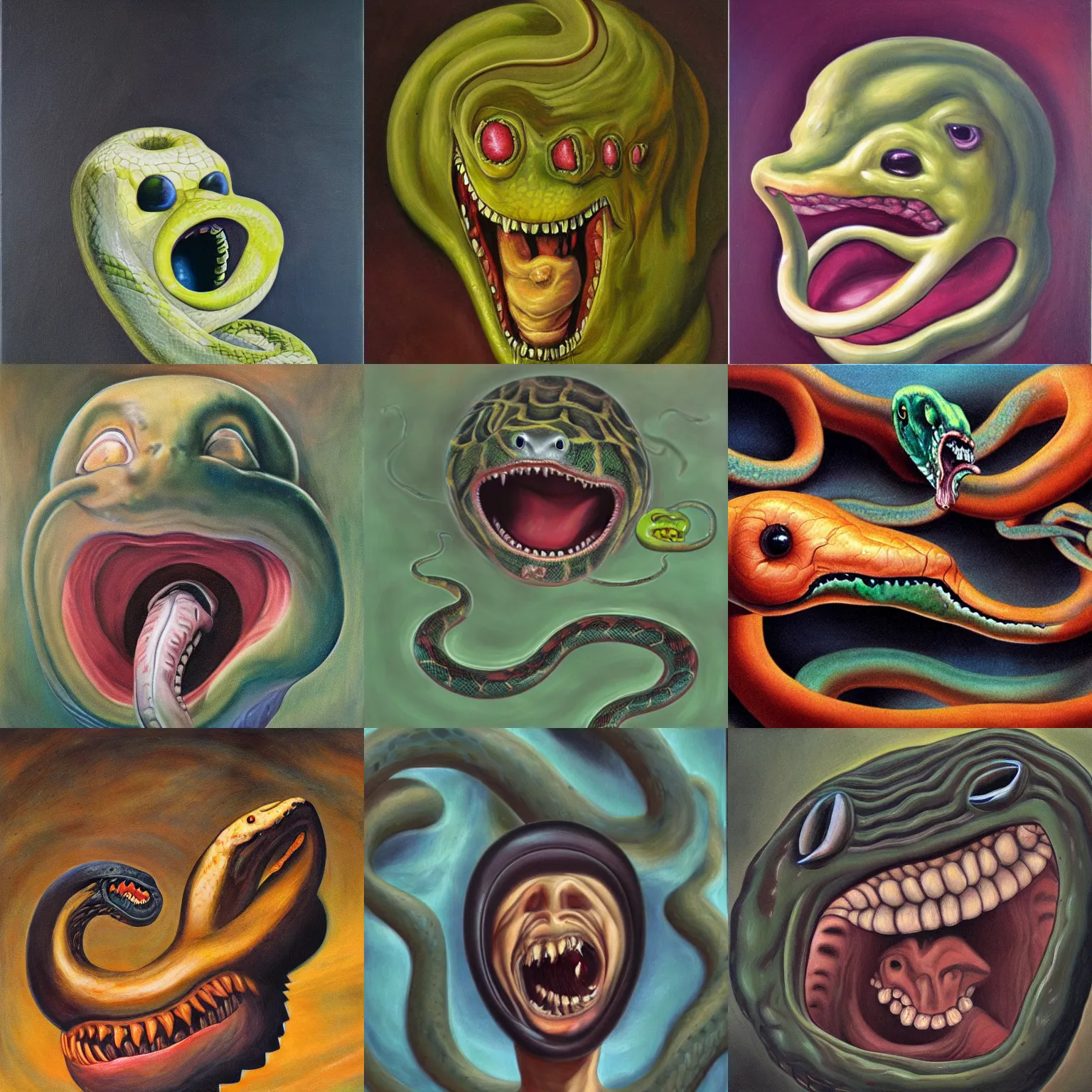 Prompt: A disembodied head screaming, snakes slithering out of its mouth, oil painting, surrealism style