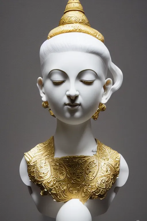 Prompt: full head and shoulders, beautiful modern female, white colourful porcelain sculpture, smooth, shiny, hindu god, with lots of ornate gold leaf, attached to head by daniel arsham and james jean, on a white background, delicate facial features