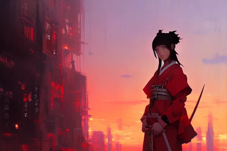 Image similar to baroque oil painting of anime key visual concept art of a samurai girl, red futuristic concrete cityscapes, trending on artstation, palette knife and brush strokes, oil on canvas, style of makoto shinkai greg rutkowski studio ghibli