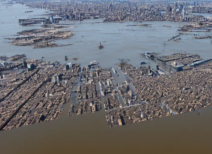 Prompt: aerial photograph of Manhattan, flooded and abandoned, reclaimed by the sea