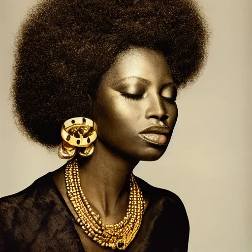 Prompt: portrait of an afro woman with gold clothings and jewelry photographed by irving penn