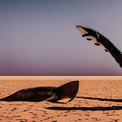 Prompt: 🐋🤖🦖🐉👽🐳 in desert, photography by bussiere rutkowski andreas roch