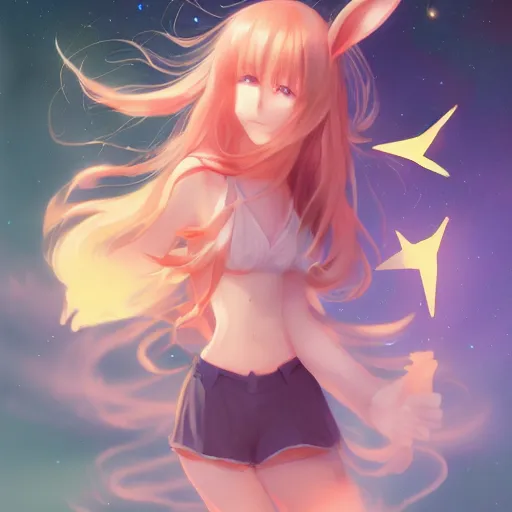 Image similar to anime, full body, bunny girl, a cute female reach out to camera, shooting star in background, long wavy hair, light and shadow effects, highly detailed, digital painting, art station, sharp focus, high quality, frontal view, illustration, concept art, wlop