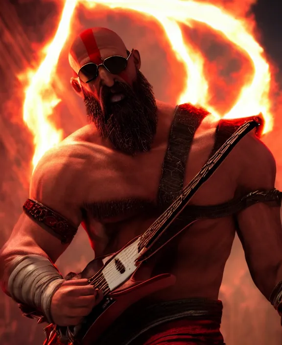 Prompt: sunglasses kratos shredding on a flaming stratocaster guitar, cinematic render, god of war 2 0 1 8, santa monica studio official media, sunglasses, lightning, stripe over eye, stripe over eye, stripe over eye