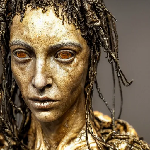 Image similar to photo taken of an epic intricate, ultra detailed, super realistic gritty, wet, lifelike sculpture of an eldritch druid queen by weta workshop, zoomed in shots, sublime subsurface scattering, photorealistic, sharp focus, white wall coloured workshop, desaturated, cold colour temperture, f 2, face centred, golden ratio, golden hour