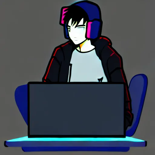 Image similar to a cyberpunk teenager boy with a black hoodie sitting behind his laptop and programming, digital art, anime style, trending on Artstation