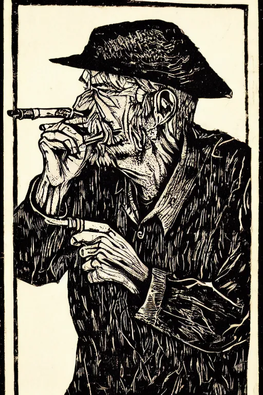 Image similar to a beautiful woodcut print of an old man smoking a pipe, 8 k, frostbite 3 engine, cryengine, dof, trending on artstation, digital art, crepuscular ray, art by roy l davies and tugboat printshop