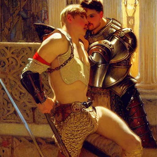 Image similar to attractive fully clothed arthur pendragon confesses his love for his attractive fully clothed male knight. highly detailed painting by gaston bussiere and j. c. leyendecker 8 k