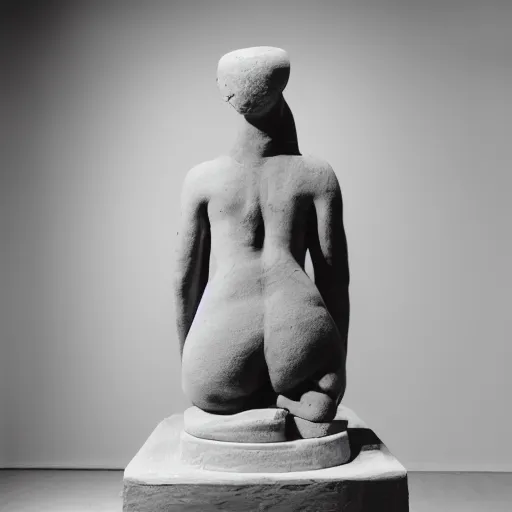 Image similar to single clay museum sculpture, no pedestal, symbolic representation of restraint, in a large hall, ambient lighting, single bright spotlight, black - and - white museum catalog photograph