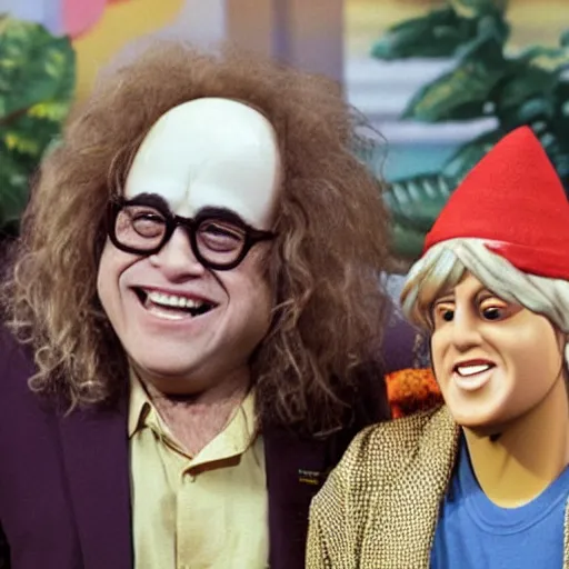 Prompt: danny devito hippy guest appearance on the elen degeneres show, plastic mannequins with cone shaped heads in the crowd, highly detailed facial expressions