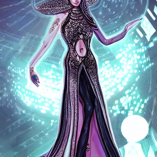 Image similar to a beautiful arabian woman wearing a futuristic dress by alexander mcqueen, artgerm, fashion show, futuristic, organic dress, seamless pattern, concept art, fantasy