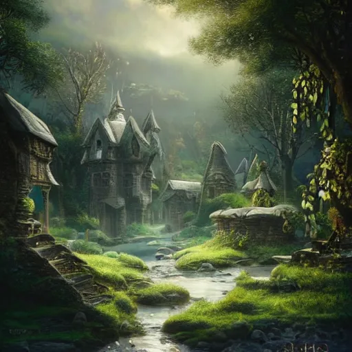 Prompt: A small elven village with elegant architecture in an open field, a winding white pathwalk and a small brook running through, clear blue skies in the background, sunsetting color, octane rendering, oil painting, mind-blowing detail, photoreaistic, trending on artstation, trending on deviant art, intricate, elegant, digital painting, saturated colors, smooth, sharp focus, art by artgerm and Todd Shorr