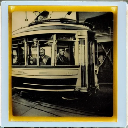 Image similar to an old tram in space, Polaroid,