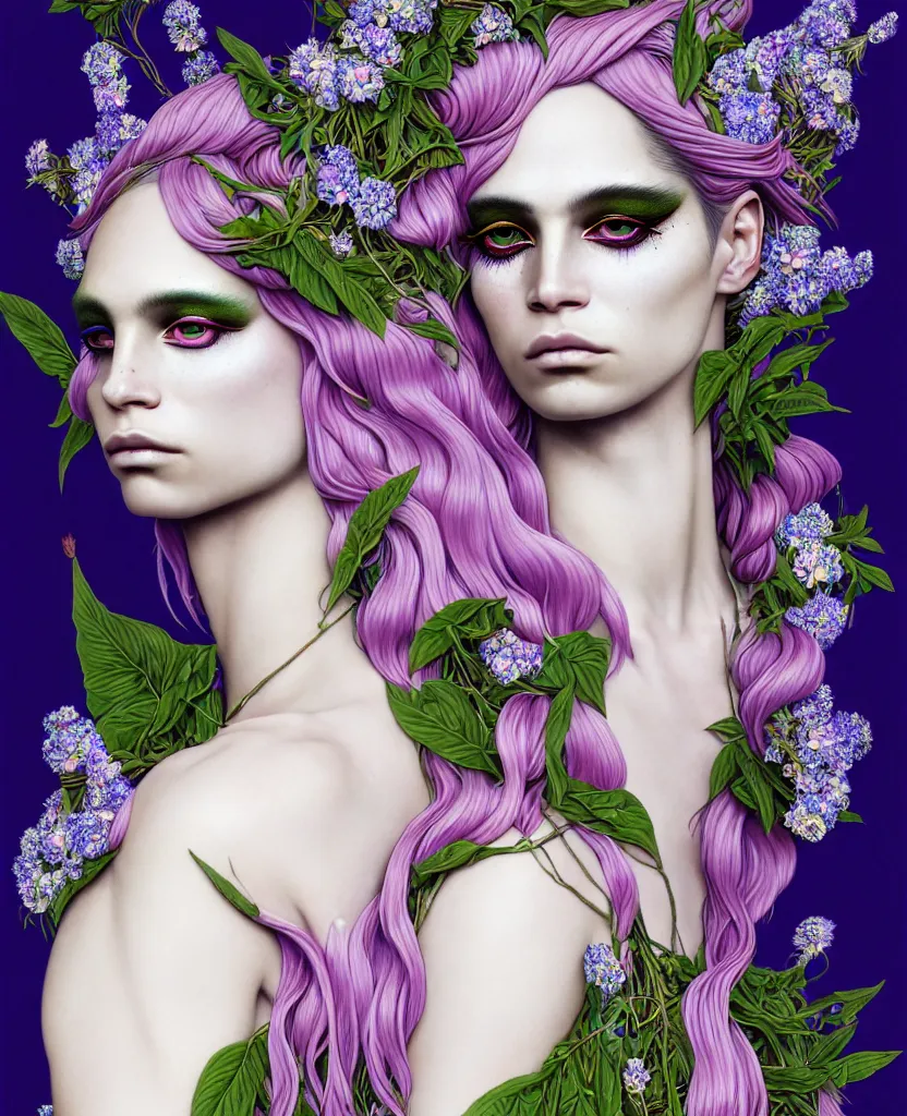 Image similar to the androgynous deity of Spring, 1 figure only, looks a blend of Grimes, Lana Del Rey, Aurora Aksnes, and Zoë Kravitz, made entirely out of flora and fauna, in a style combining Botticelli, Möbius and Æon Flux, surrealism, stunningly detailed artwork, hyper photorealistic 4K, stunning gradient colors, very fine inking lines