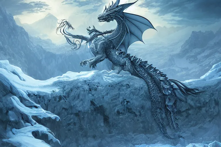 Image similar to Ice Dragon on a beautiful fantasy landscape, mountainside, winter, moonlit, HD, illustration, epic, D&D, fantasy, intricate, elegant, highly detailed, digital painting, artstation, concept art, smooth, sharp focus, illustration, wallpaper, art by artgerm and greg rutkowski and alphonse mucha and jin xiaodi