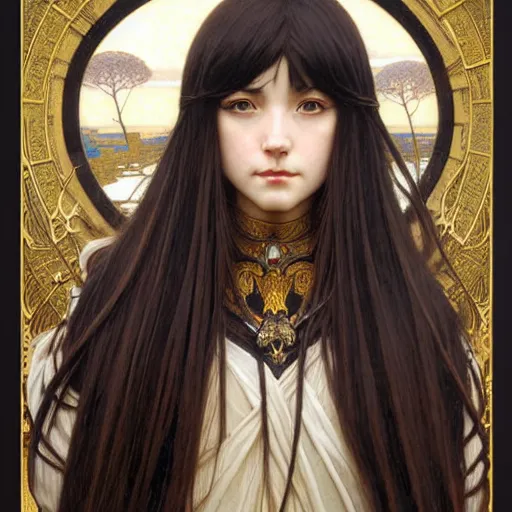 Prompt: Masterpiece head and shoulders portrait of a female Kazuto Kirigaya Kirito, young woman with brown long hair and bangs and wearing a long black coat breast-armor showing through, face, fantasy, intricate, elegant, highly detailed drawn by Donato Giancola and Fernanda Suarez and Artem Demura, face by Artgerm and Edmund Leighton, Alphonse Mucha, background by James Jean and Gustav Klimt, 4k, porcelain skin, komorebi, french nouveau, trending on pixiv, octane render, hyperrealistic