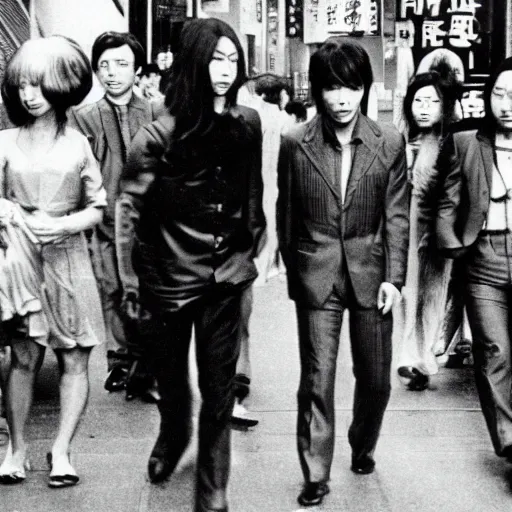 Image similar to 1 9 7 0 s japanese tv show, bw, sci - fi, tsukamoto, mechanical inhuman monsters walking the streets of shinjuku,