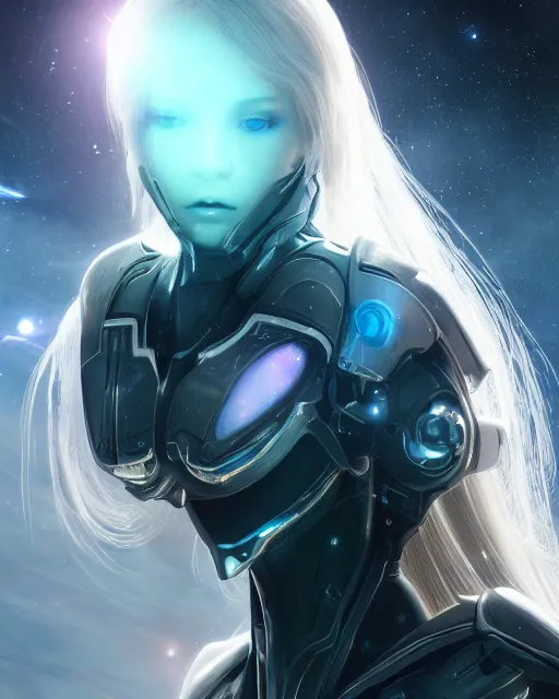 Image similar to photo of a android girl on a mothership, warframe armor, beautiful face, scifi, nebula, futuristic background, galaxy raytracing, dreamy, sparks of light, long white hair, blue cyborg eyes, glowing, 8 k high definition, insanely detailed, intricate, innocent, art by akihiko yoshida, antilous chao, li zixin, woo kim