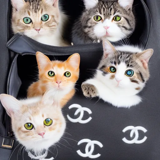 Prompt: a highly detailed photo of multiple furry cats, they are inside a big chanel bag, gray background, studio lighting, 4 k, 8 k