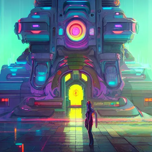 Image similar to street view of a cybernetic temple, vaporwave aesthetic, colorful, psychedelic, digital painting, artstation, concept art, smooth, sharp focus, illustration, art by artgerm and greg rutkowski and alphonse mucha