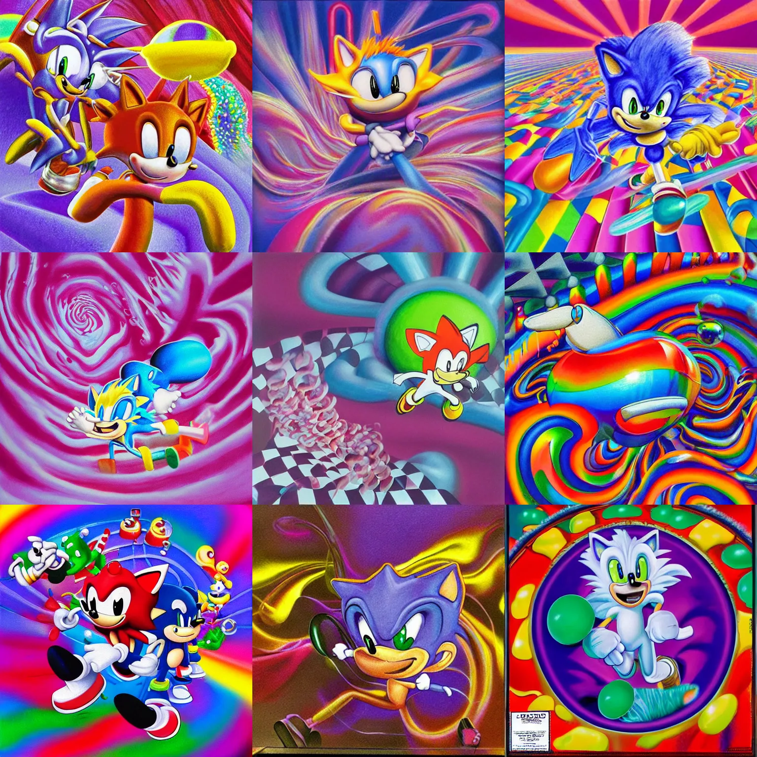 Image similar to surreal, sharp, detailed professional, soft pastels, high quality airbrush art album cover of a liquid bubbles airbrush art lsd taffy dmt sonic the hedgehog dashing through cotton candy, purple checkerboard background, 1 9 9 0 s 1 9 9 2 sega genesis rareware video game album cover