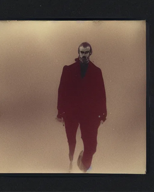 Prompt: an instant photo of a handsome but sinister ghost of a man in layers of fear, with violence in his eyes, 1 9 7 0 s, seventies, woodlands, delicate embellishments, a little blood, crimson, painterly, offset printing technique, by alexandre cabanel, volumetric lightning, moorlands behind him