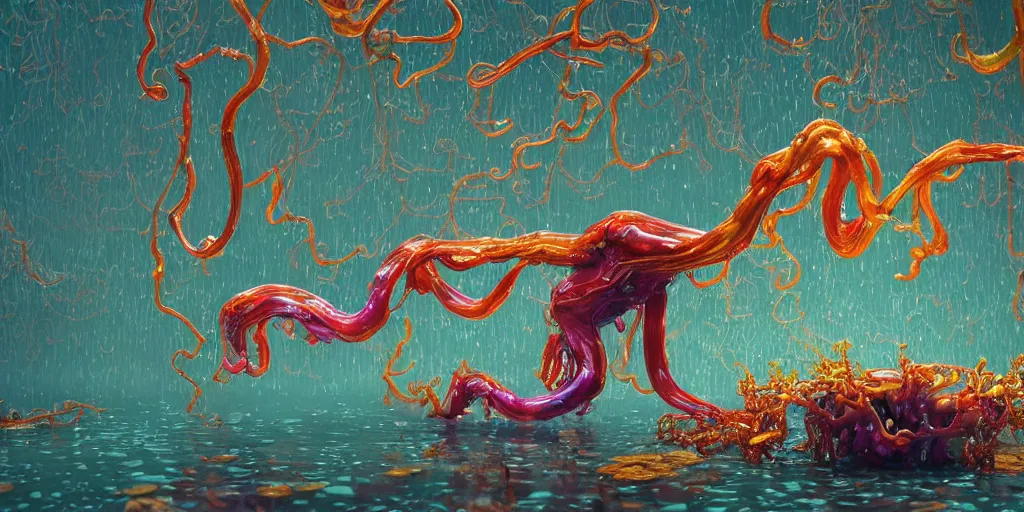 Prompt: epic image of a glossy wet levitating floating fungus spirit with arms outstretched, made from colorful wet fungus tendrils. illustration by james jean, by ivan bilibin. uhd, amazing depth, glowing, golden ratio, 3 d octane cycle unreal engine 5, volumetric lighting, cinematic lighting, cgstation artstation concept art