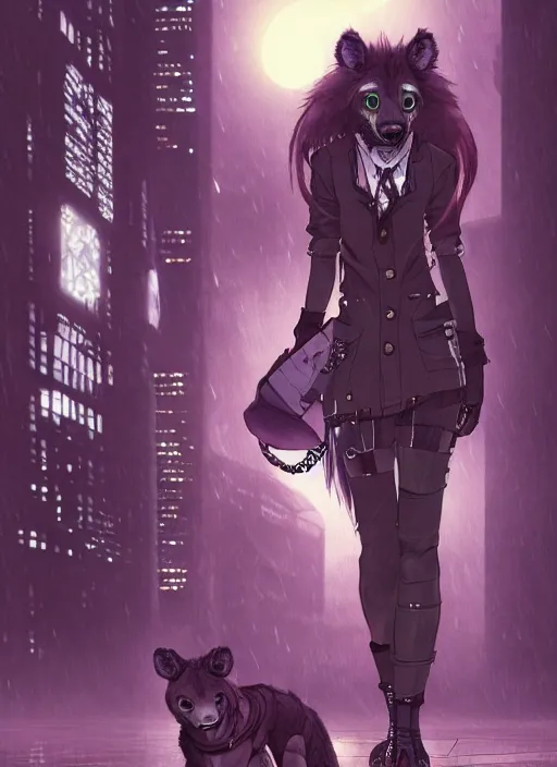 Image similar to character portrait of a female anthro hyena fursona with a cute beautiful attractive furry face and long black curly hair wearing stylish clothes in a cyberpunk city at night while it rains. hidari, color page, tankoban, 4K, tone mapping, Akihiko Yoshida.