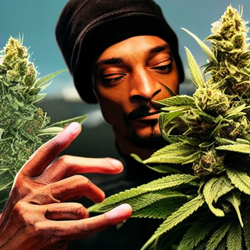 Image similar to beautiful giant marijuana bud as snoop dogg, weta 8 k hyper realistic detailed cinematic still, volumetric lighting surreal photorealism