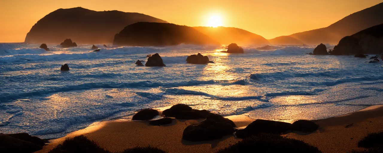 Prompt: a private beach in big sur california at sunset. cinematic photo. cinematic tone. sony 1 2 0 mm. f / 1. 8