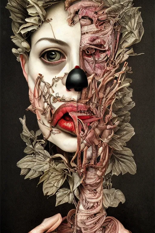 Image similar to Detailed maximalist portrait with large lips and eyes, expressive, botanical skeletal with extra flesh, HD mixed media, 3D collage, highly detailed and intricate, surreal illustration in the style of Caravaggio, dark art, baroque