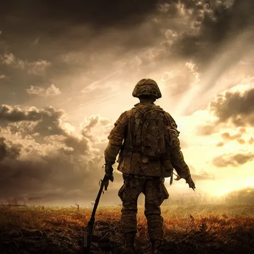 Image similar to the last soldier standing on the battle field, photorealistic, dramatic, award-winning, realism, dramatic, bloom, back lit, god rays, dark, 8k