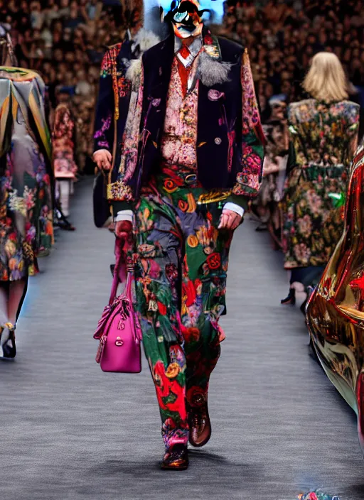 Image similar to hyperrealistic and heavy detailed gucci runway show of albert einstein, leica sl 2 5 0 mm, vivid color, high quality, high textured, real life