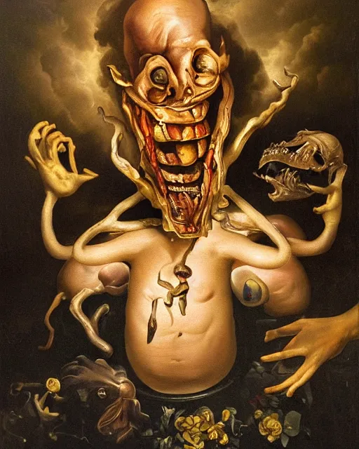 Image similar to refined gorgeous blended oil painting with black background by christian rex van minnen rachel ruysch dali todd schorr of a chiaroscuro portrait of an extremely bizarre disturbing mutated man with shiny skin acne dutch golden age vanitas intense chiaroscuro cast shadows obscuring features dramatic lighting perfect composition masterpiece