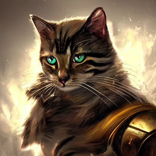 Image similar to a hyper realistic cat warrior, ultra detailed, magic the gathering art, digital art, cinematic, studio lighting, background battlefield, fantasy,