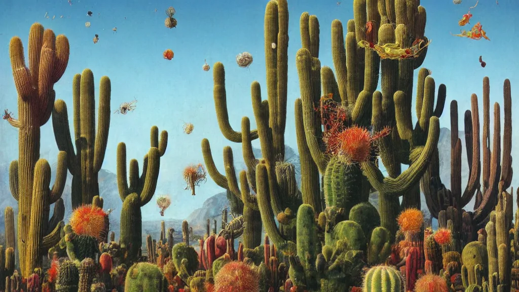 Prompt: cacti surrounded by a single colorful! ( lovecraftian ) humanoid fungus tower white! clear empty sky, a high contrast!! ultradetailed photorealistic painting by jan van eyck, audubon, rene magritte, agnes pelton, max ernst, walton ford, andreas achenbach, ernst haeckel, hard lighting, masterpiece
