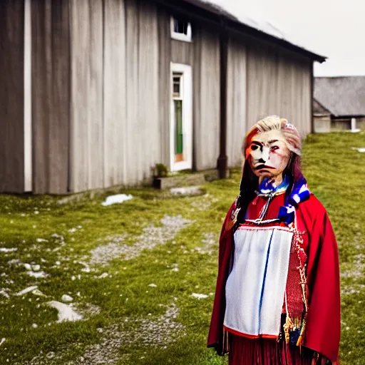 Image similar to ethnographic portraiture photograph of an extremely beautiful!!!! young blonde woman with symmetric face. wearing traditional greenlandic national dress. in front of her house. petzval lens. shallow depth of field. on flickr, award winning. national geographic