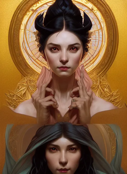 Image similar to symmetry!! portrait of a female sorcerer, dar fantasy, intricate, elegant, highly detailed, my rendition, digital painting, artstation, concept art, smooth, sharp focus, illustration, art by artgerm and greg rutkowski and alphonse mucha and huang guangjian and gil elvgren and sachin teng