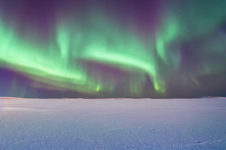 Image similar to A national geographic photo of the vast snowy arctic desert at night with the clear weather and northern lights, Trending on artstation.