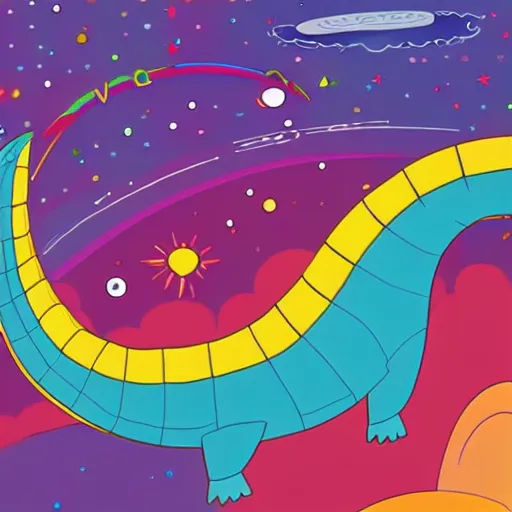 Prompt: a picture of the loch ness monster flying in space wearing rainbow colored slotted shapes, psychedelic, absurdism, ultrawide angle, stars in space, 4 k, artstation