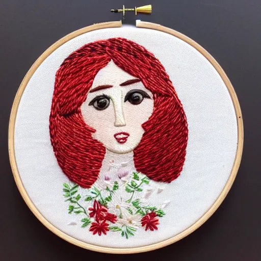 Prompt: a beautiful handmade embroidery of a woman with flowers. hand embroidery.